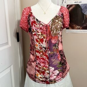 Pink and Purple Floral Patchwork Short Sleeve Top